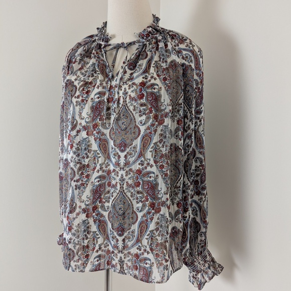H&M Smocking Paisley Blouse Printed Tops Long Sleeve Neck Tie Smocked Sleeves - Picture 5 of 7